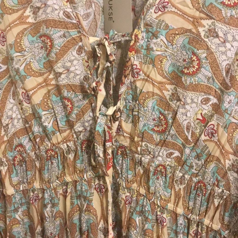 Bohemian Floral Print Woven Bell Sleeve Flounce Peasant Maxi Hippie Dress L - Picture 11 of 12